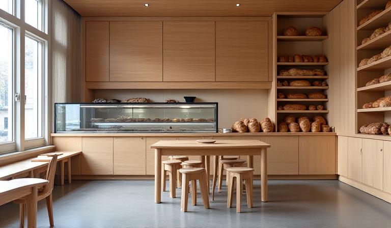 Det minimalistiske interiør i vores bageri